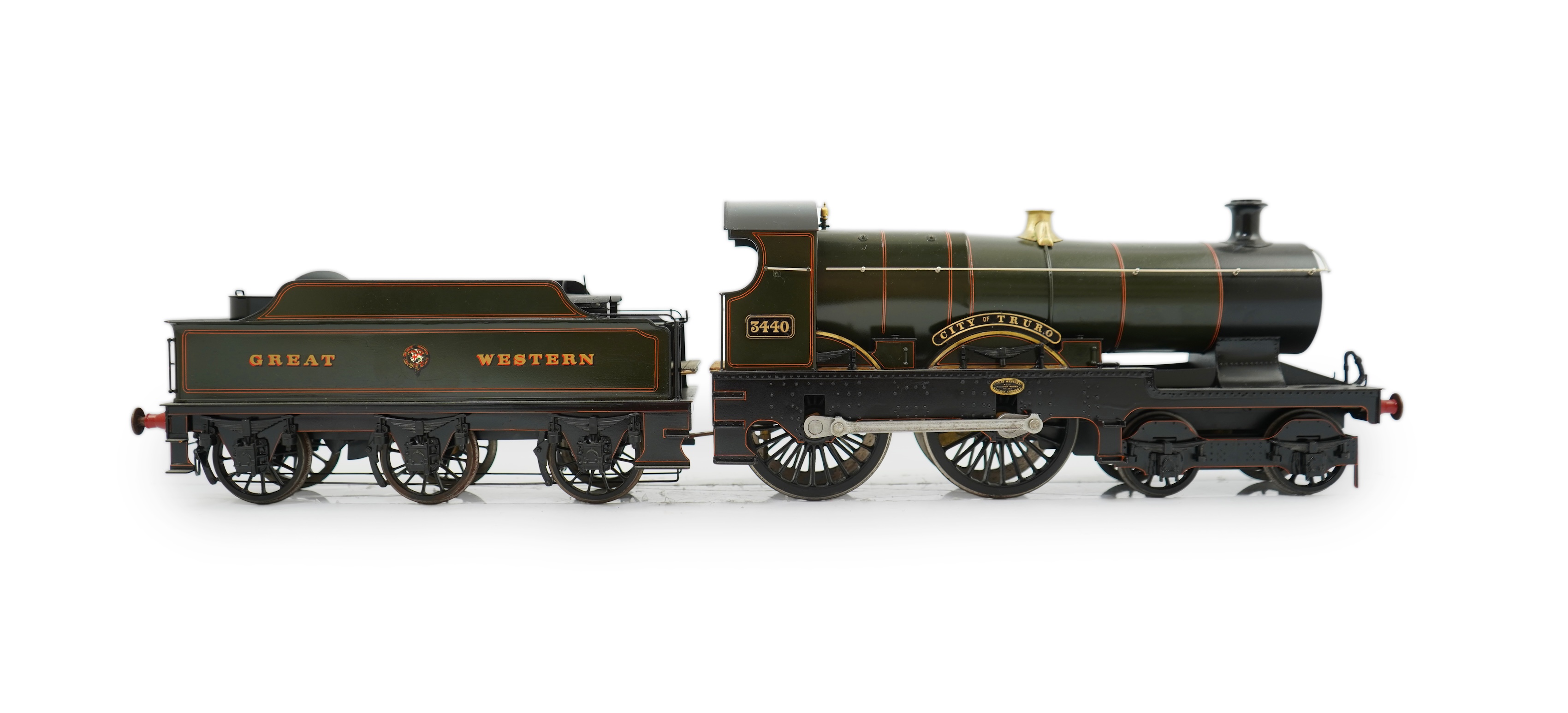 A Gauge One Cherry Scale Models (No. 60) model of GWR Class 37xx City of Truro 3440, 4-4-0 tender locomotive, powered for two rail operation.